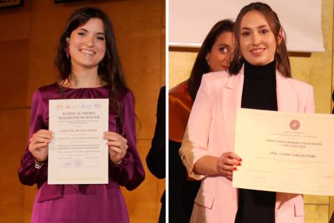 Isabel Morales y Clara Cubillas, en fotos de archivo, recogiendo premios por sus Trabajos Finales de Máster.